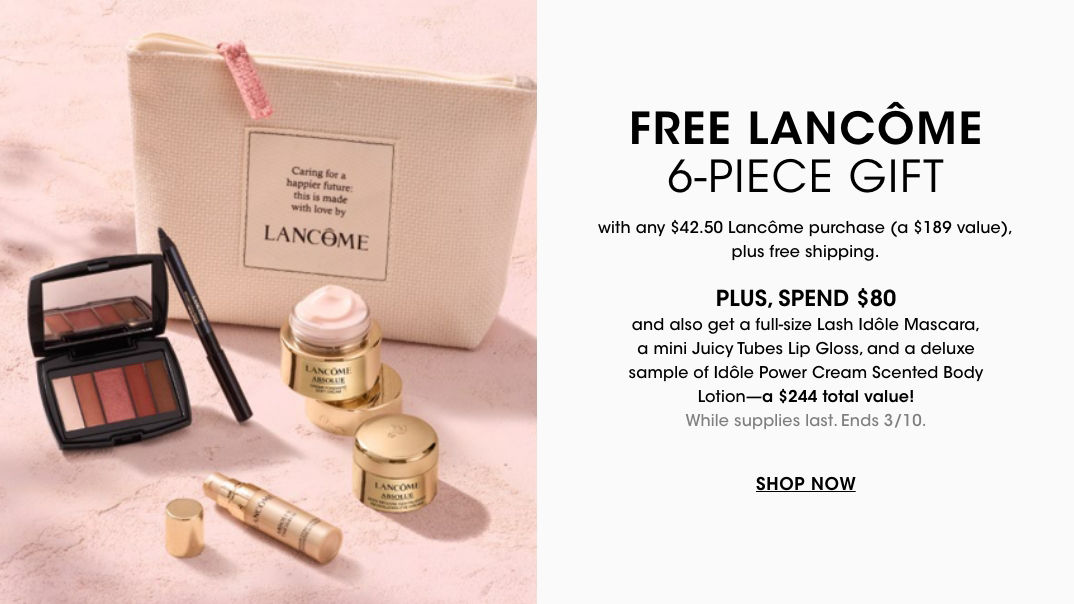 1 photo, of Lancome skincare bottles, an open eyeshadow palette, and eyeliner arranged in front of a Lancome cosmetics pouch, on a pink marble surface.